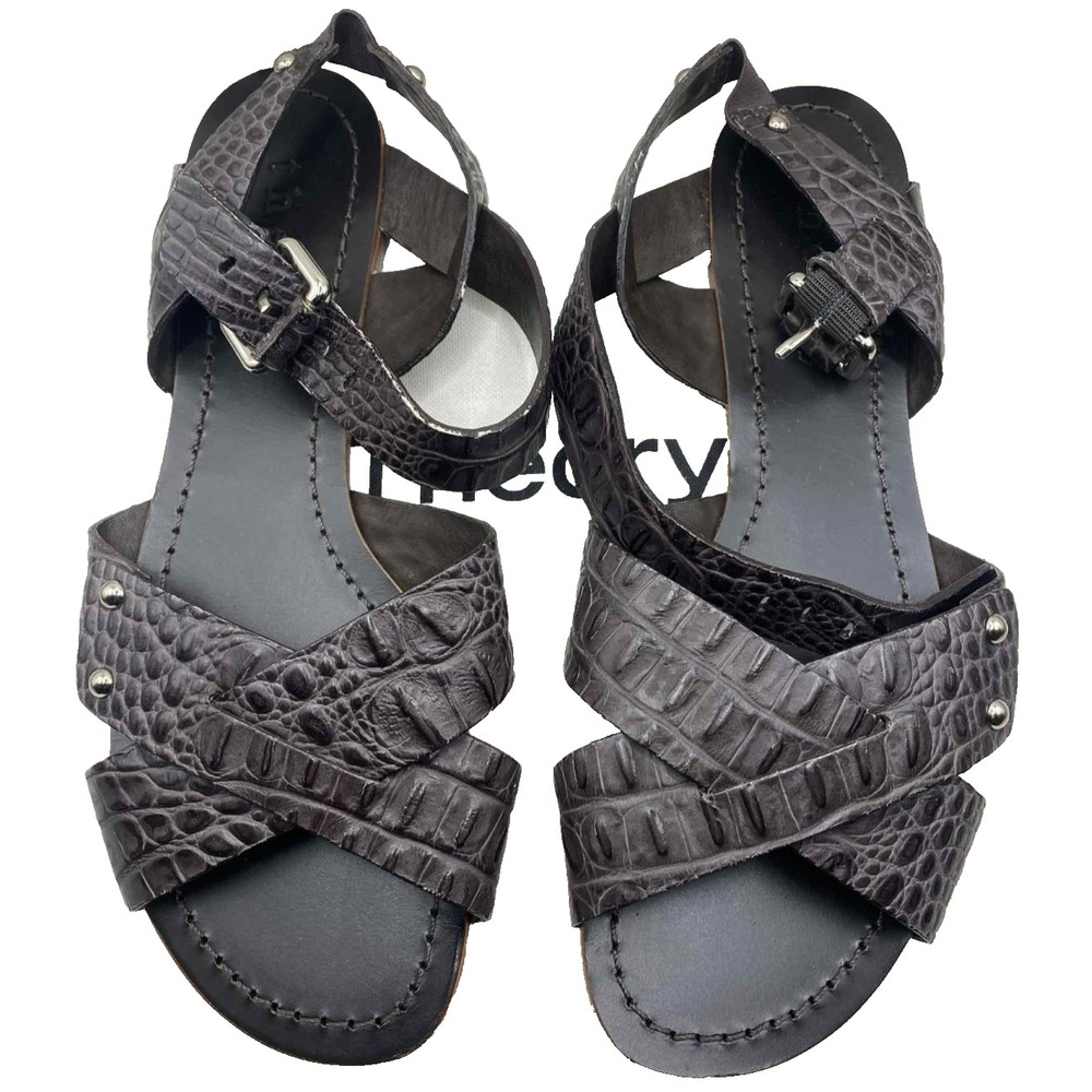 THEORY‎ Sandals Dark brown LEATHER SILVER STUDS strap FLAT SIZE 8 with dustbag